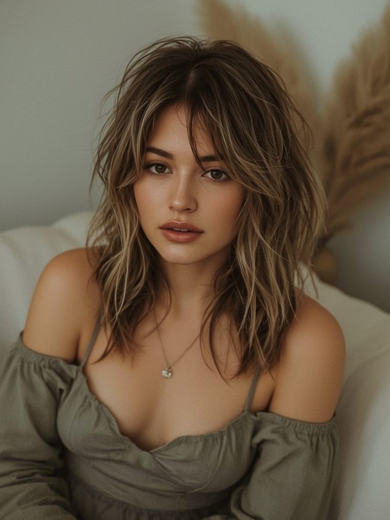 Butterfly Haircut Long Hair for Round Face: High Volume Top and Cascading Layers