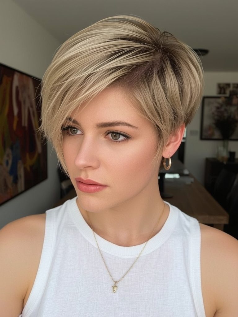 Hairstyle For Thin Fine Hair Over 50: The Graduated Pixie With Side Bangs