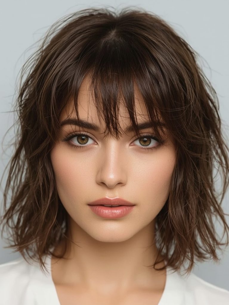 Brunette Summer Hair 2025: Brunette Blunt Bangs