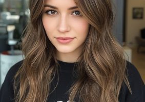 Honey Brown Balayage with Curtain Bangs